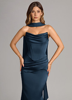 Azazie Sorrel Bridesmaid Dresses Dark Navy Mermaid Strapless Stretch Satin Convertible Dress image5