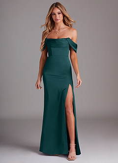 Azazie Saige Bridesmaid Dresses Pine Sheath Off the Shoulder Stretch Satin Dress image3