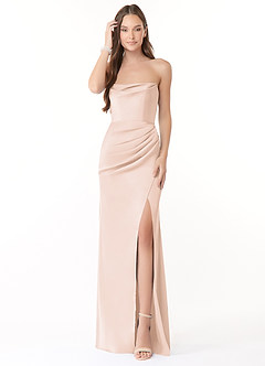 Azazie Leonis Bridesmaid Dresses Blushing Pink Mermaid Pleated Stretch Satin Convertible Dress image3
