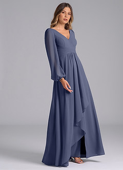 Azazie Liah Robes de demoiselle d'honneur Robe Trapèze en Mousseline de soie Manches longues Bleu Orageux image5