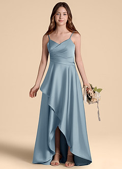 Azazie Prisha Junior Jurk van Stretch Satijn met A-Lijn Geplooid Stoffig Blauw image7