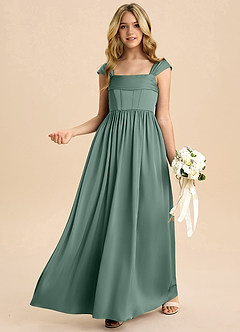 Azazie Hattie Junior Abito A-Line in Raso Elasticizzato Plissettato Eucalipto image4