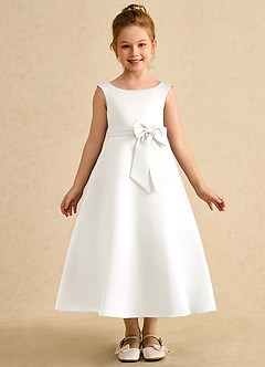 Azazie Eve vestidos de niña de las flores Vestido de Marfil de Satin Mate de Corte En A con Plisado image4