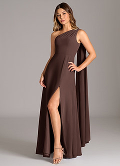 Azazie Tella Robes de demoiselle d'honneur Robe Trapèze en Mousseline de soie Asymétrique Ganache image3