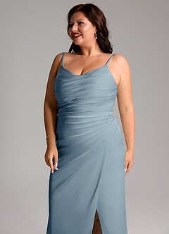 Azazie Deandra Bridesmaid Dresses Dusty Blue Mermaid Pleated Stretch Satin Dress image12
