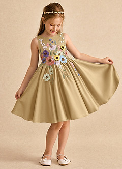 Azazie Prima Flower Girl Dresses Gold A-Line Bow Matte Satin Dress image3