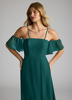 Azazie Sue Brautjungfernkleider Wandelbar A-Linie Schulterfrei Chiffon Kleid Pfau image2