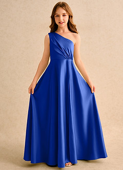 Azazie Puddles Girls Formal Flower Girl Dresses Royal Blue A-Line One Shoulder Matte Satin Dress image5