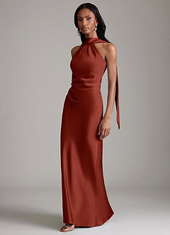 Azazie Cassiana Jurken voor bruidsmeisjes Jurk van Stretch Satijn met Zeemeermin Geplooid Terracotta image5