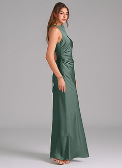 Azazie Evadne Bridesmaid Dresses Sea Moss A-Line Pleated Stretch Satin Dress image4