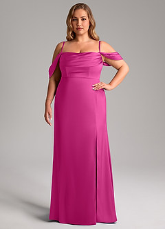 Azazie Saige Bridesmaid Dresses Fuchsia Sheath Off the Shoulder Stretch Satin Dress image15