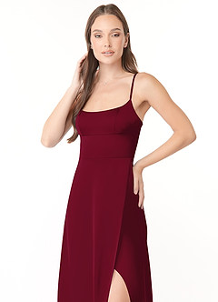 Azazie Halsey Bridesmaid Dresses Burgundy Sheath Side Slit Stretch Satin Dress image6
