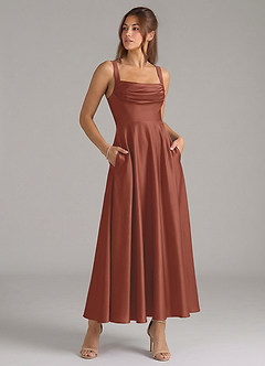 Azazie Shaude Bridesmaid Dresses Auburn A-Line Pleated Stretch Satin Dress image3