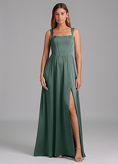 Azazie Rosaline Robes de demoiselle d'honneur Robe Trapèze en Satin extensible Fente Latérale Mousse De Mer image3