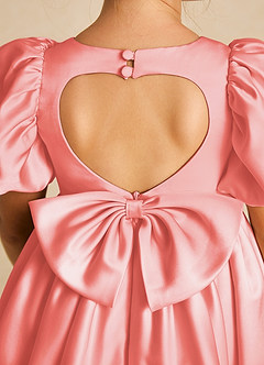 Azazie Muffin Flower Girl Dresses Coral A-Line with Sleeves Matte Satin Dress image4