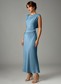 Azazie Kieryn Bridesmaid Dresses Steel Blue Mermaid Pleated Stretch Satin Dress image3