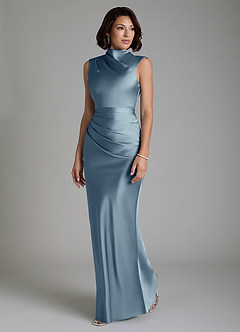 Azazie Lumia At-home Try On Dresses Dusty Blue Sheath Corset Stretch Satin Dress image5