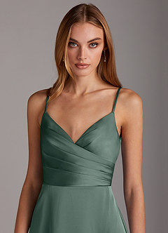 Azazie Calissa Bridesmaid Dresses Sea Moss A-Line V-Neck Pleated Stretch Satin Dress image5