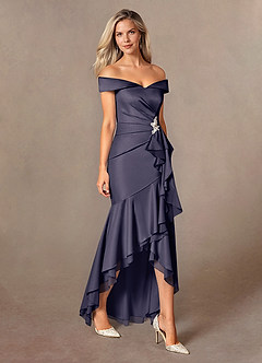 Azazie Billings Moeder van de bruid jurken Zeemeermin Jurk van Stretch Satijn Off the Shoulder Stormachtig image6