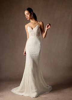 Azazie Lianna Wedding Dresses Diamond White Champagne Mermaid Lace Dress image4