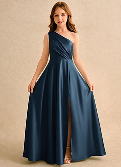 Azazie Puddles Girls Formal Robe Demoiselle D'honneur Fillette Robe Trapèze en Satin extensible Asymétrique Bleu Marine Foncé image5
