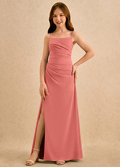Azazie Cannoli Girls Formal Robe Demoiselle D'honneur Fillette Robe Trapèze en Mousseline de soie Plissé Rose Saumon image5