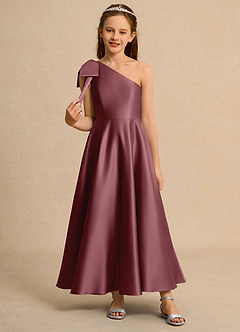 Azazie Guppy Junior Formal vestidos de niña de las flores Vestido de Rosa Del Desierto de Satin Mate de Corte En A con Hombro unilateral image3