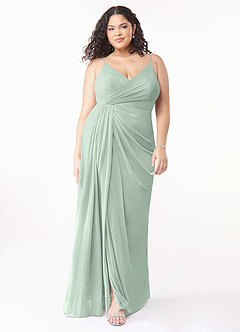 Azazie Evalin At-home Try On Dresses Agave A-Line V-Neck Pleated Mesh Dress image7
