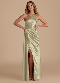 Azazie Mika Bridesmaid Dresses Moss Green Sheath One Shoulder Metallic Satin Dress image3