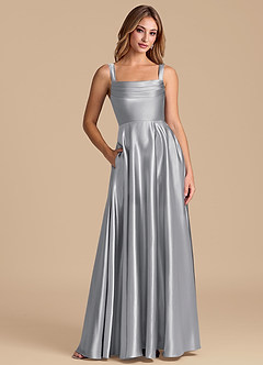 Azazie Shaude 신부 들러리 드레스 A라인 주름진 메탈릭 새틴 바닥 길이 드레스 image1