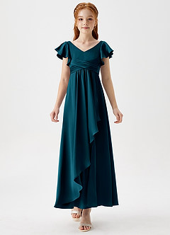 Azazie Omari Junior Ink Blue A-Line Pleated Stretch Satin Dress image5