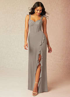 Azazie Camellia Bridesmaid Dresses Taupe Sheath Lace Chiffon Dress image1