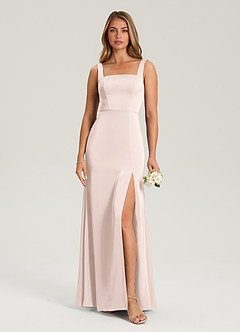 Azazie Frostine Bridesmaid Dresses Blushing Pink A-Line Bow Stretch Satin Dress image1