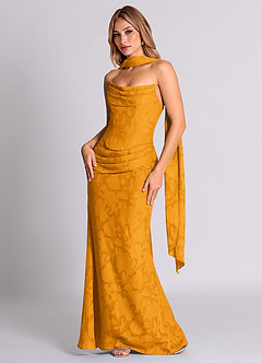 Azazie Sorrel Abiti da Damigella Abito Convertibile Sirena in Burnout Floreale Corsetto Caramello image3