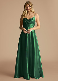 Azazie Oliana Bridesmaid Dresses Dark Green A-Line Pleated Metallic Satin Dress image1
