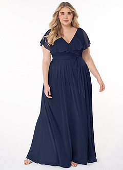 Azazie Jael Bridesmaid Dresses Dark Navy A-Line V-Neck Mesh Dress image1