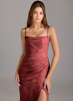 Azazie Leonis Vestidos de damas de honor Vestido Terracota de Devorado Floral de Corte Recto Convertible con Palabra de honor image2