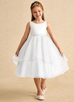 Azazie Rene Blumenmädchenkleider A-Linie Schleifen Tüll Kleid Elfenbein Weiß image4