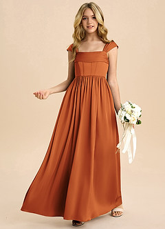 Azazie Hattie Junior Abito A-Line in Raso Elasticizzato Plissettato Cannella image4