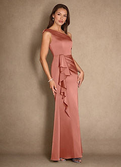 Azazie Hamptons Mother of the Bride Dresses Salmon Pink A-Line Pleated Stretch Satin Dress image3