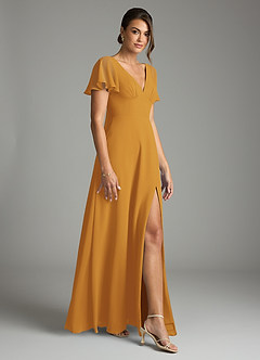 Azazie Kimber Bridesmaid Dresses Butterscotch A-Line Flounce Sleeve Chiffon Dress image6