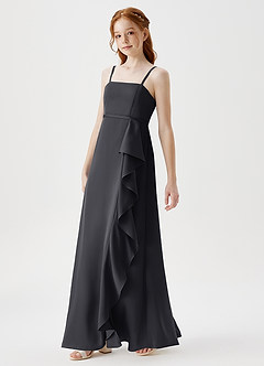 Azazie Kaylee Junior Black A-Line with Belt Stretch Satin Dress image4