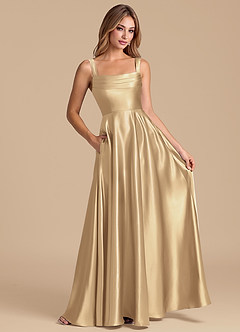 Azazie Shaude 신부 들러리 드레스 A라인 주름진 메탈릭 새틴 바닥 길이 드레스 image3