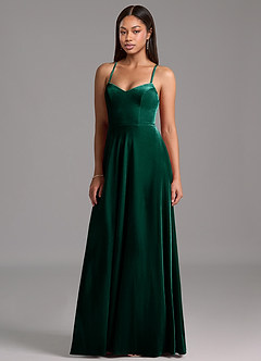 Azazie Mei Bridesmaid Dresses Emerald A-Line Corset Velvet Dress image1