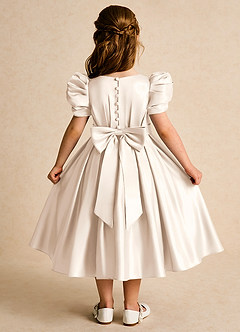 Azazie Miriam Flower Girl Dresses White Alabaster Ball-Gown Pleated Matte Satin Dress image1