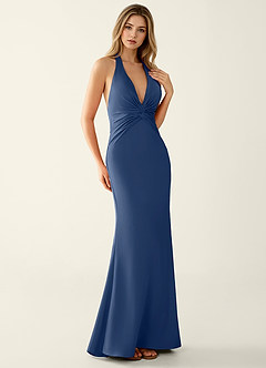 Clio Dark Navy Satin V-neck Mermaid Prom Dress image4