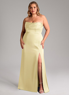 Azazie Saige Bridesmaid Dresses Lemon Sorbet Sheath Off the Shoulder Stretch Satin Dress image11