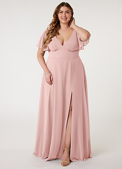 Azazie Kimber Robes de demoiselle d'honneur Robe Trapèze en Mousseline de soie Manches à volants Rose Poudré image1