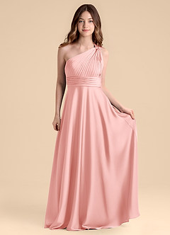 Azazie Charlize Junior Powder Pink A-Line Pleated Stretch Satin Dress image7