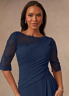 Azazie Dionysus Mother of the Bride Dresses Dark Navy A-Line Boatneck Lace Chiffon Dress image4